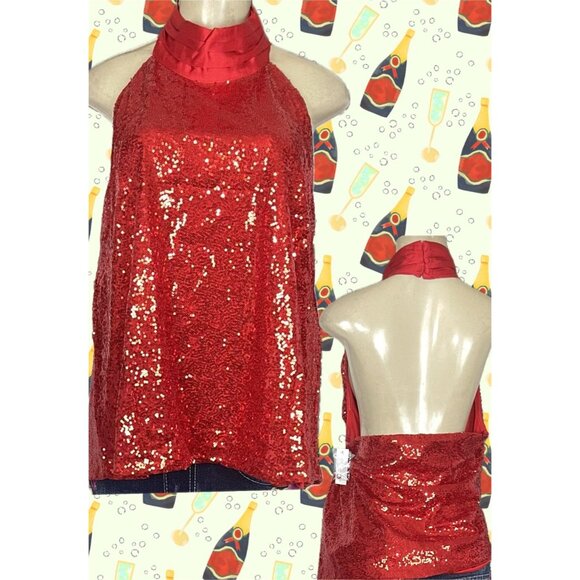 New York & Company +3X Red Sequin Lined High Satin Neck Open Back Halter Blouse - Picture 1 of 6